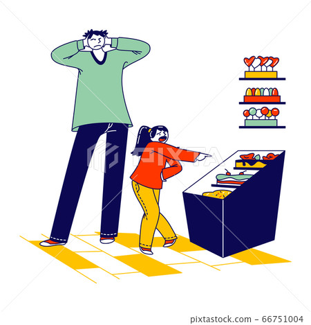 Desperate, Stressed Man with Raging Screaming Kid at Shopping Mall, Daughter Crying in Supermarket Require to Buy Sweets, Father Character Shut Ears. Spoiled Child. Linear People Vector Illustration 66751004