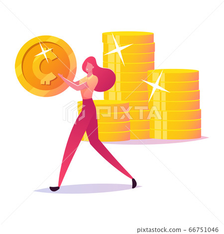 Successful Business Woman Carry Gold Coin, Character with Money Cash. Rich Businesswoman Making Saving, Financial Profit Salary Wealth, Increasing Capital. Pay Per Click. Cartoon Vector Illustration 66751046