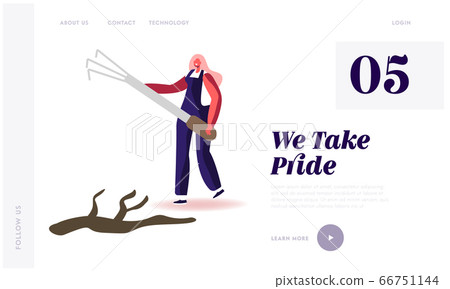 Ecology Protection Landing Page Template. Woman with Rakes Gardening Hobby, Remove Trash from Ground Cleaning Earth Surface. Character Saving Planet, World Environment Day. Cartoon Vector Illustration 66751144