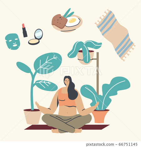 Young Woman Character Morning Meditation in Lotus Posture at Home. Yoga Class Practice, Healthy Lifestyle, Relaxation and Emotional Balance. Harmony with Nature and Mind. Linear Vector Illustration Young Woman Character Morning Meditation in Lotus Posture at Home. Yoga Class Practice, Healthy Lifestyle, Relaxation and Emotional Balance. Harmony with Nature and Mind. Linear Vector Illustration 66751145