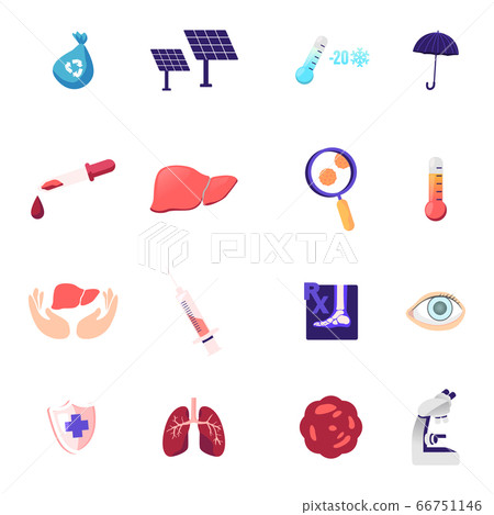 Set of Icons Recycling Litter Bag, Solar Panels and Thermometer with Umbrella, Dropper with Blood, Liver and Magnifying Glass with Germs, Syringe, Xray Foot and Eye, Lungs. Cartoon Vector Illustration 66751146