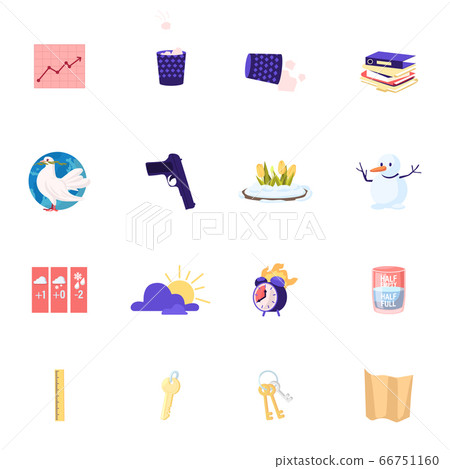 Set of Icons Growing Arrow Chart, Litter Bin and Paper Files with White Dove, Gun, Spring Flowers and Snowman. Weather Forecast, Alarm Clock and Ruler with Keys, Map, Sun. Cartoon Vector Illustration 66751160