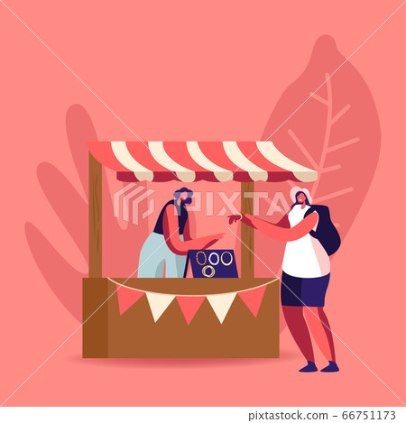 Tourist Female Character Trying Bijouterie on Hand. Woman Seller Stand at Booth Sell Various Jewelry Bracelets and Necklaces Made of Beads and Gems, Handmade Craft. Cartoon People Vector Illustration 66751173