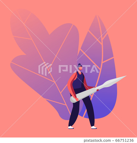 Tiny Female Character Carry Huge Steel Knife for Fruits and Vegetable Carving Craft. Traditional Thailand Art, Creative Hobby, Creation Sculptures of Veggies and Fruits. Cartoon Vector Illustration 66751236