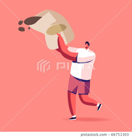 Tiny Male Character Carry Huge Sack with Fertilizer for Garden Plants or Home Flowers and Bonsai Tree. Farmer Fertilizing Soil for Good Harvest, Agriculture Gardening. Cartoon Vector Illustration 66751303