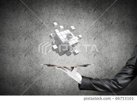 Hand of waitress presenting cubes on tray. 66753101