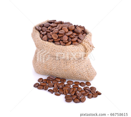 Coffee beans in sack bag isolated on white Coffee beans in sack bag isolated on white 66758615