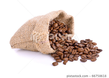 Coffee beans in sack bag isolated on white 66758618