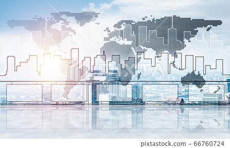 Concept of global communication and networking with world map over cityscape Concept of global communication and networking with world map over cityscape 66760724