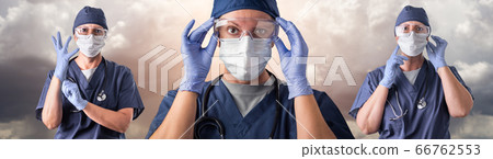 Set of Doctors or Nurses Wearing Personal Protective Equipment Over Ominous Clouds. 66762553