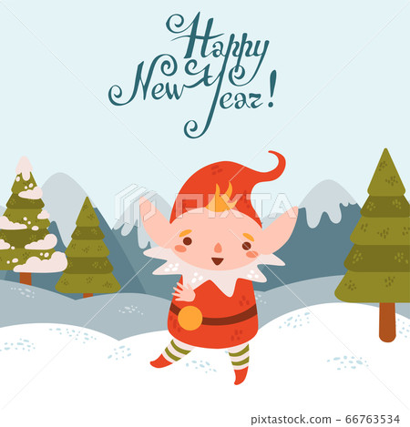Flat cartoon cute vector Christmas elf with winter landscape 66763534