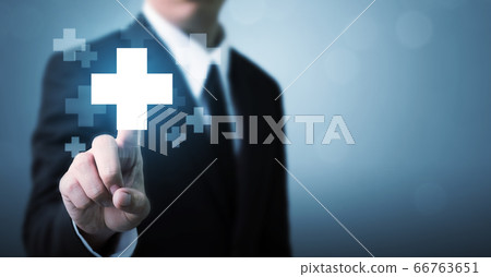 Businessman hand touching plus sign icon means to offer positive thing Businessman hand touching plus sign icon means to offer positive thing 66763651