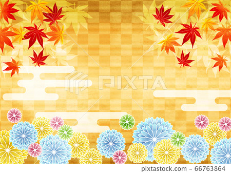 Japanese paper watercolor style autumn leaves and chrysanthemums and checkered autumn amaryllis background horizontal 66763864