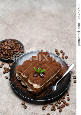 Classic tiramisu dessert on ceramic plate on concrete background Classic tiramisu dessert on ceramic plate on concrete background 66764608