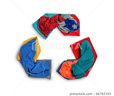 Shape of recycle symbol from fabric scraps, old clothing and textiles 66765393