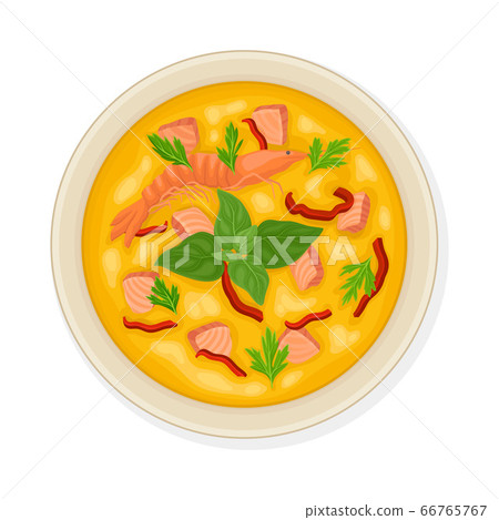 Thai Main Course with Salmon Cubes and Shrimps Top View Vector Illustration 66765767