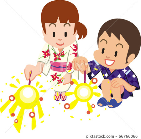 和服的孩子們玩煙花 66766066