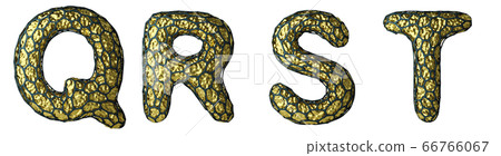 Realistic 3D letter set Q, R, S, T made of gold shining metal . 66766067