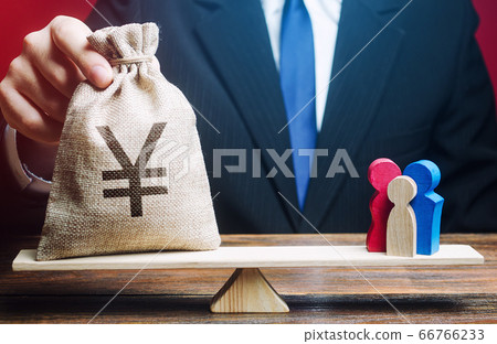 Man puts Yen yuan money bag on scales with a family. Help aid migrants. Social assistance, financial support for who in need, vulnerable populations. Charitable donations, invest in human capital. Man puts Yen yuan money bag on scales with a family. Help aid migrants. Social assistance, financial support for who in need, vulnerable populations. Charitable donations, invest in human capital. 66766233