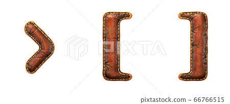 Set of symbols right angle bracket, left and right bracket made of leather. 3D render font with skin texture isolated on white background. 66766515
