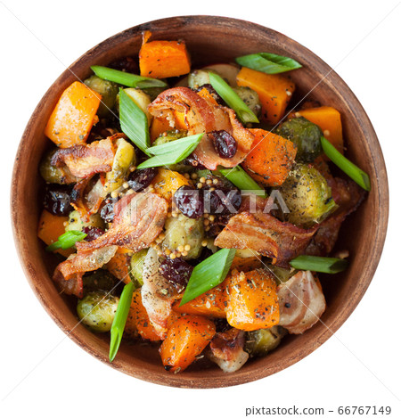 Roasted pumpkin with brussels sprouts and bacon Roasted pumpkin with brussels sprouts and bacon 66767149