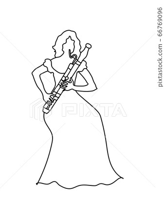 A woman sitting and blowing a bassoon A woman sitting and blowing a bassoon 66769096