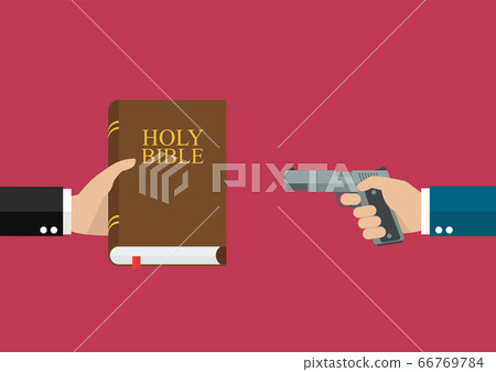 Man hold holy bible and other man hold gun 66769784