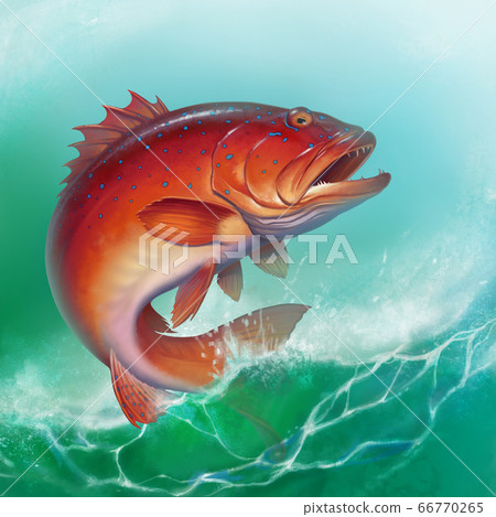 Coral trout on against the backdrop of sea waves. Leopard coral groupe, or leopard coral trou realistic illustration. Coral trout on against the backdrop of sea waves. Leopard coral groupe, or leopard coral trou realistic illustration. 66770265