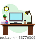 office desk with computer monitor, table lamp and books. flat style workplace 66770309