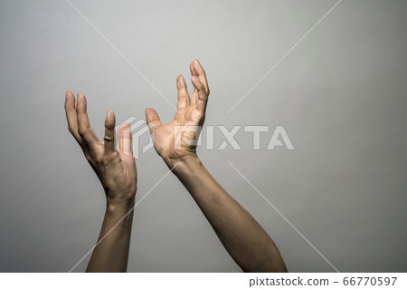 Raise your hand in front of a white background 66770597