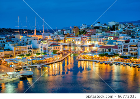 Beautiful Agios Nikolaos town at night. Lasithi region of Crete island, Greece 66772033