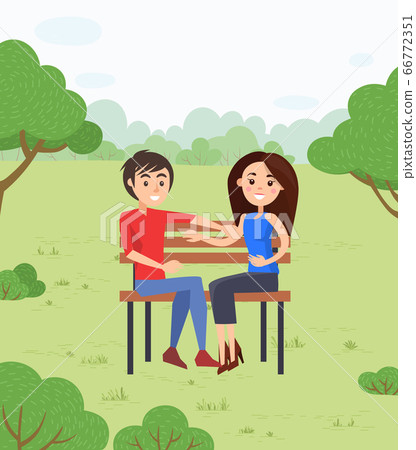 Happy Couple on Date in Park Sitting on Bench Happy Couple on Date in Park Sitting on Bench 66772351