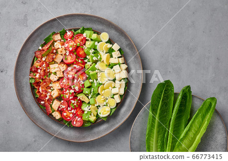 Cobb Salad in gray matte bowl on concrete backdrop. USA food and meal. American cuisine dish 66773415