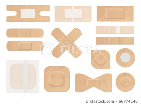 Medical plaster. Realistic water resistant perforated medical plasters, first aid plastic adhesive tape round rectangular forms vector set Medical plaster. Realistic water resistant perforated medical plasters, first aid plastic adhesive tape round rectangular forms vector set 66774146