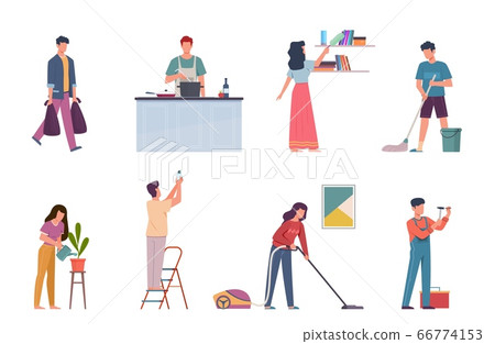 Household activities. Housekeeping chores, repair and cleaning home, people wash dishes and floor and vacuuming, cook vector characters Household activities. Housekeeping chores, repair and cleaning home, people wash dishes and floor and vacuuming, cook vector characters 66774153