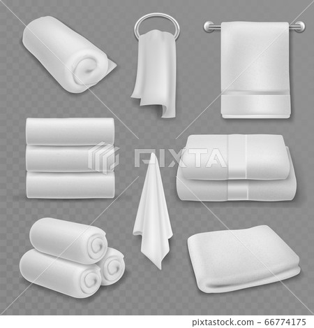 White towel. Beautiful fresh hotel bathroom stacked towels, roll and hanging, soft cotton textile hygiene items, realistic vector mockups White towel. Beautiful fresh hotel bathroom stacked towels, roll and hanging, soft cotton textile hygiene items, realistic vector mockups 66774175