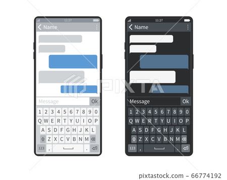Smartphone chat. Screen mobile device keyboard with messaging app, bubbles or message clouds, chatbot sending sms dialogues vector template 66774192