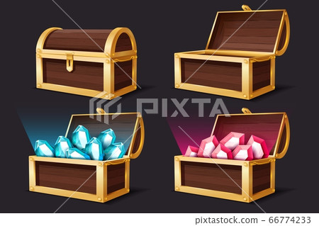 Treasure chest. Closed and open chests with gems jewelry. Medieval mystery pirate treasures illustration for game cartoon vector set Treasure chest. Closed and open chests with gems jewelry. Medieval mystery pirate treasures illustration for game cartoon vector set 66774233