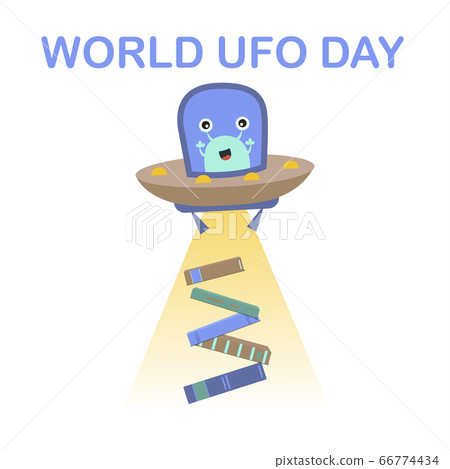 image for international UFO day. A flat picture of a flying saucer with aliens who want to steal something from the planet Earth. image for international UFO day. A flat picture of a flying saucer with aliens who want to steal something from the planet Earth. 66774434