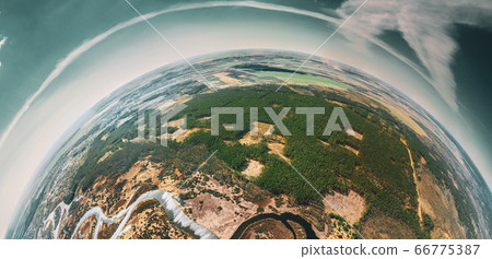 Aerial View Deforestation Area Of Green Forest Woods And River Landscape In Sunny Spring Day. Deforestation Zone And Little Small Planet Concept 66775387