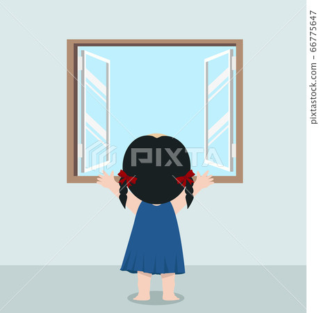 Cute girl standing back open view from window Cute girl standing back open view from window 66775647