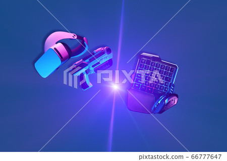 Virtual reality headset and blaster game controllers vs games keyboard and mouse. 66777647