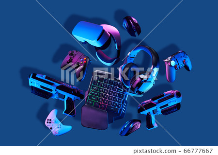 Virtual reality gogles, gamepads and blaster game controllers, games keyboard, mouse and headset. 66777667