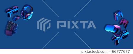 Virtual reality gogles, gamepads and blaster game controllers, games keyboard, mouse and headset. 66777677