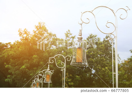 Metal lamp post row in the park with warm light. 66777805
