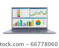 Enterprise financial report with graphs and charts on a screen of modern laptop, front view isolated on white background. Selective focus on display and keyboard. Profit growth chart. 3d rendering 66778060