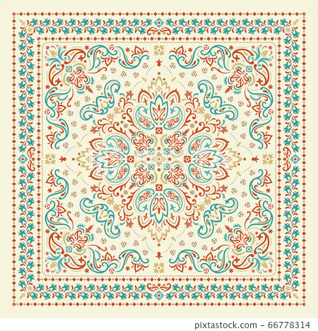 Vector ornament Bandana Print. Traditional ornamental ethnic pattern with paisley and flowers. Silk neck scarf or kerchief square pattern design style, best motive for print on fabric or papper. 66778314