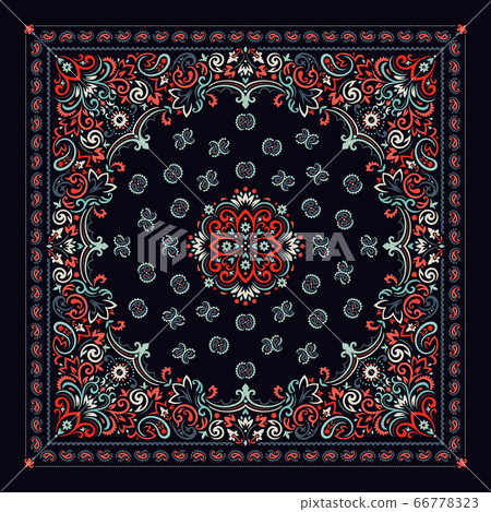Vector ornament Bandana Print. Traditional ornamental ethnic pattern with paisley and flowers. Silk neck scarf or kerchief square pattern design style, best motive for print on fabric or papper. 66778323