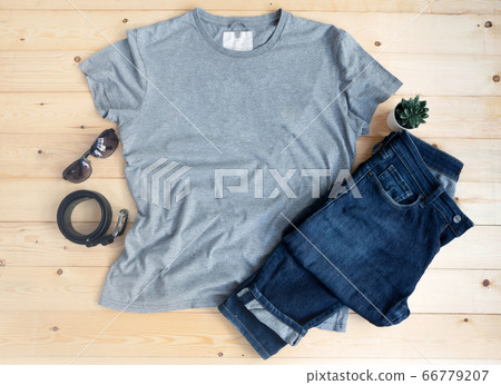 Gray male t shirt mock up flat lay on wooden Gray male t shirt mock up flat lay on wooden 66779207