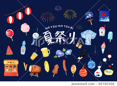 Hand-painted watercolor | Summer festival dark blue background illustration set 66780308